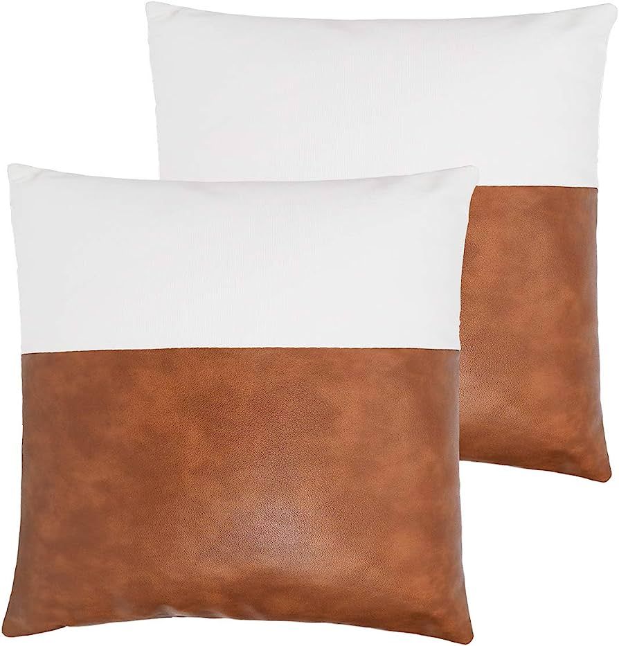 SEEKSEE Leather Throw Pillow Covers, Set of 2 Modern Country Cotton/Leather Farmhouse Style Pillo... | Amazon (US)