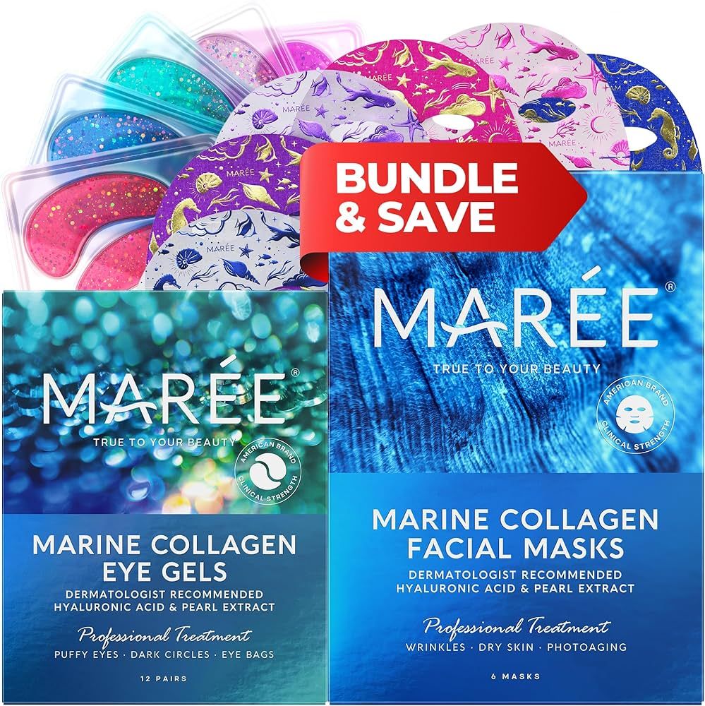 MAREE Pearl Eye Masks & Facial Masks - Anti Aging Duo - Natural Marine Collagen, Hyaluronic Acid ... | Amazon (US)