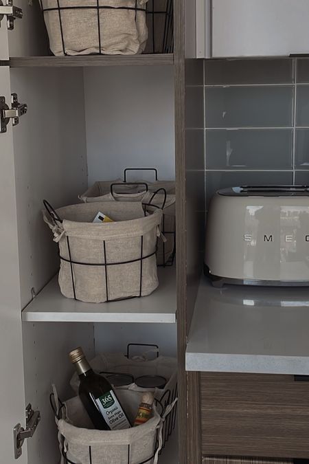 Kitchen Pantry Organization | Target home decor, lined baskets for kitchen, kitchen storage, pantry organization, neutral home decor, minimal home decor, smeg appliances

#LTKhome