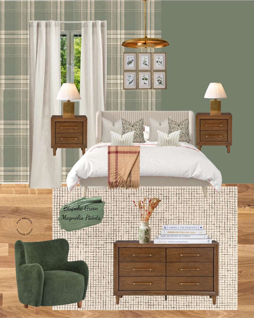 Gorgeous green bedroom/mood board, velvet green accent chair, neutral upholstered queen bed, neutral rug, golden lighting, plaid wallpaper, Magnolia paint. #homedecor #falltrends #bedroominspo

#LTKStyleTip #LTKFamily #LTKHome