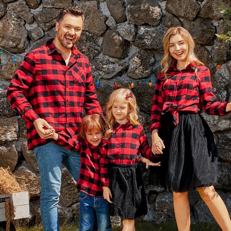 Christmas Family Matching Red Plaid Long-sleeve Button Up Shirts and Mesh Skirts Sets | PatPat