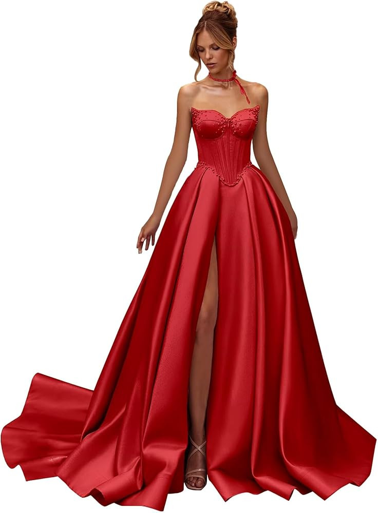 Strapless Satin Prom Dress with Split Beaded Ball Gown 2025 Sleeveless A Line Long Wedding Dresse... | Amazon (US)