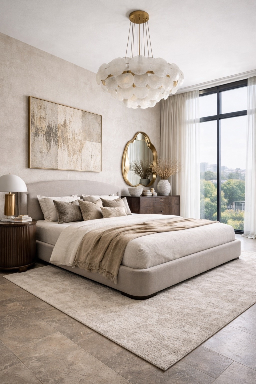 Elegant neutral bedroom design featuring a soft upholstered bed, warm beige tones, modern wall art, and a sculptural chandelier. Large windows bring natural light into this calm and luxurious space, creating a cozy modern interior perfect for contemporary homes and minimalist decor inspiration.

#neutralbedroom #luxurybedroom #beigeaesthetic #modernbedroom #bedroominspo #minimalisthome #luxuryinteriors #cozybedroom #pinteresthome #ltkhome #moderninterior #neutraldecor #interiordesign #bedroomdecor #homedecorinspo