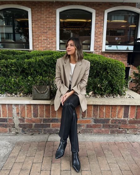 Beige blazer and faux leather pants 