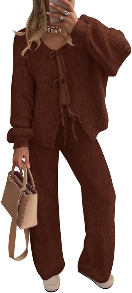 ZESICA Women's 2 Piece Outfits Lounge Pajama Sets 2025 Fall Long Sleeve Cardigans Wide Leg Pants ... | Amazon (US)