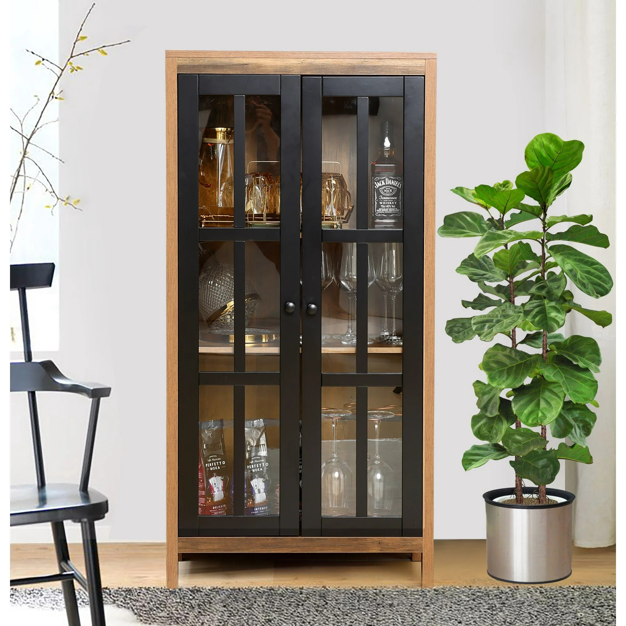 LuxenHome Natural Wood Glass 2-Door Accent Cabinet | Walmart (US)