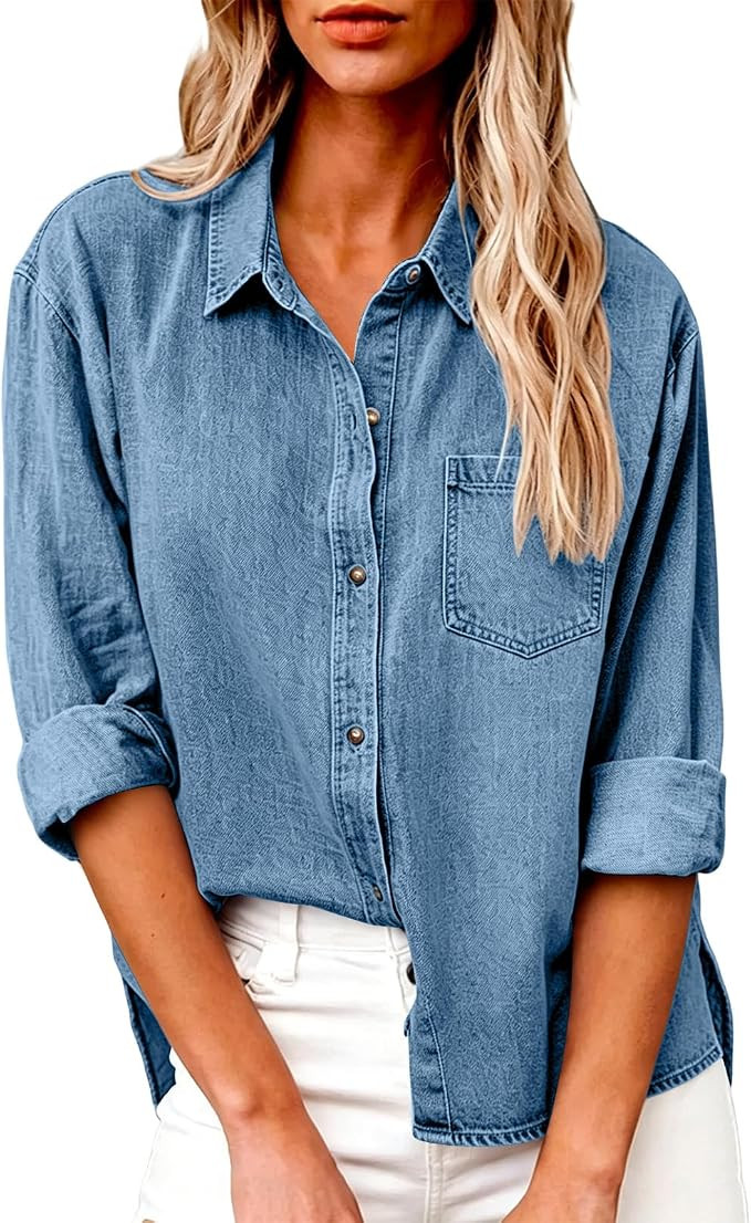 Denim Shirt Women Vintage Washed Solid Oversized Loose Button-Down Long Sleeve Casual Blouse Top ... | Amazon (US)