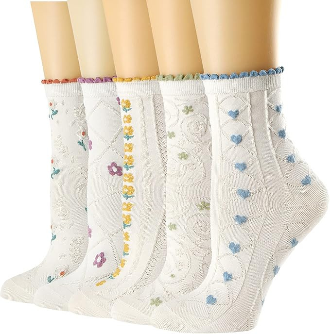 albagu Women's Crew Socks - Casual Cotton Cute Novelty Socks - Floral Ankle Socks - 5 Pack (White... | Amazon (US)