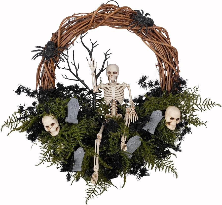 20" Halloween Wreath for Front Door - Halloween Skeleton Skull Wreath Decoration for Home Door Wa... | Amazon (US)