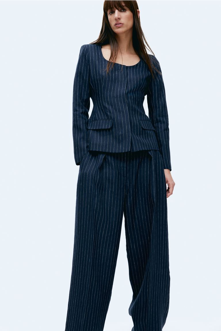 Waisted linen blazer - Navy blue/Pinstriped - Ladies | H&M GB | H&M (UK, MY, IN, SG, PH, TW, HK)