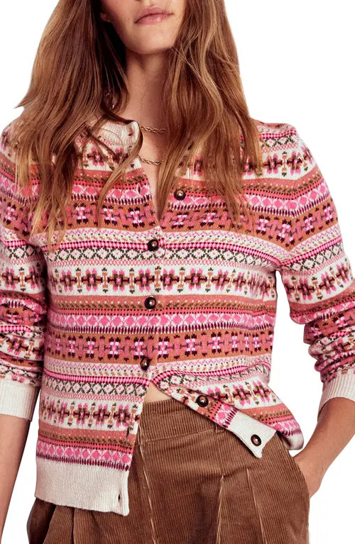 Boden Edie Fair Isle Wool, Cotton & Alpaca Blend Cardigan in Pink Heritage Fair Isle at Nordstrom, Size Medium | Nordstrom