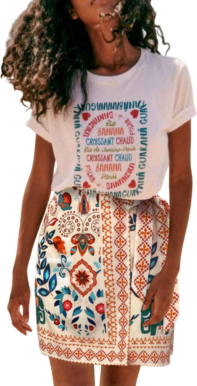 Womens Summer Floral Wrap Short Skirt Tie Side High Waist A Line Beach Vacation Boho Mini Skirt | Amazon (US)