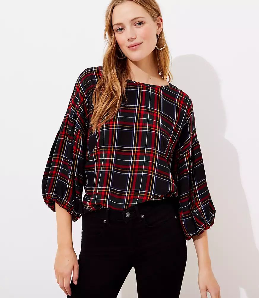 Plaid Button Back Balloon Sleeve Blouse | LOFT