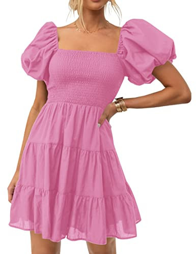 ZESICA Women's Boho 2025 Summer Square Neck Puff Sleeve Off Shoulder Smocked Tiered Casual A Line Short Mini Dress,Dustypink,XX-Large | Amazon (US)
