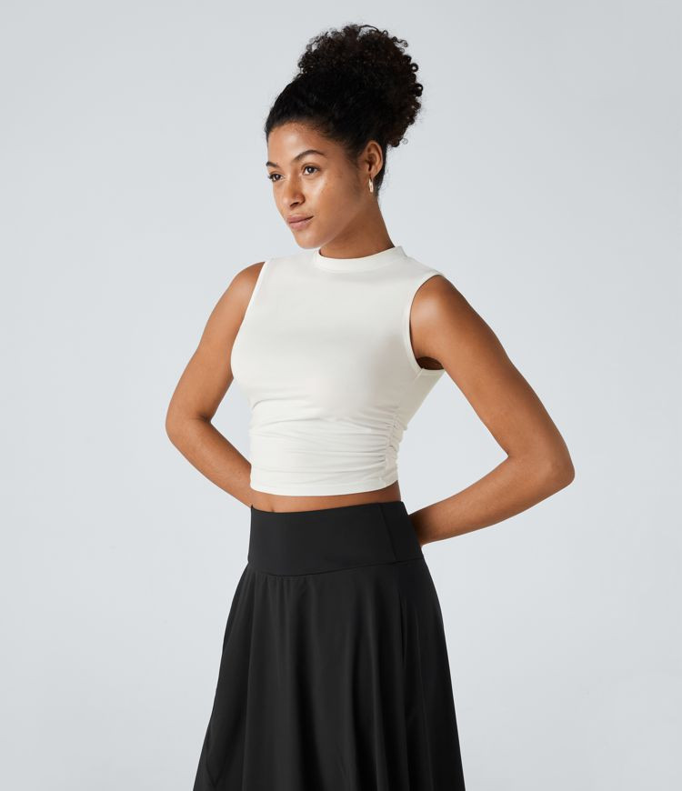 Women’s Round Neck Ruched Skinny Cropped Casual Tank Top - Halara | HALARA