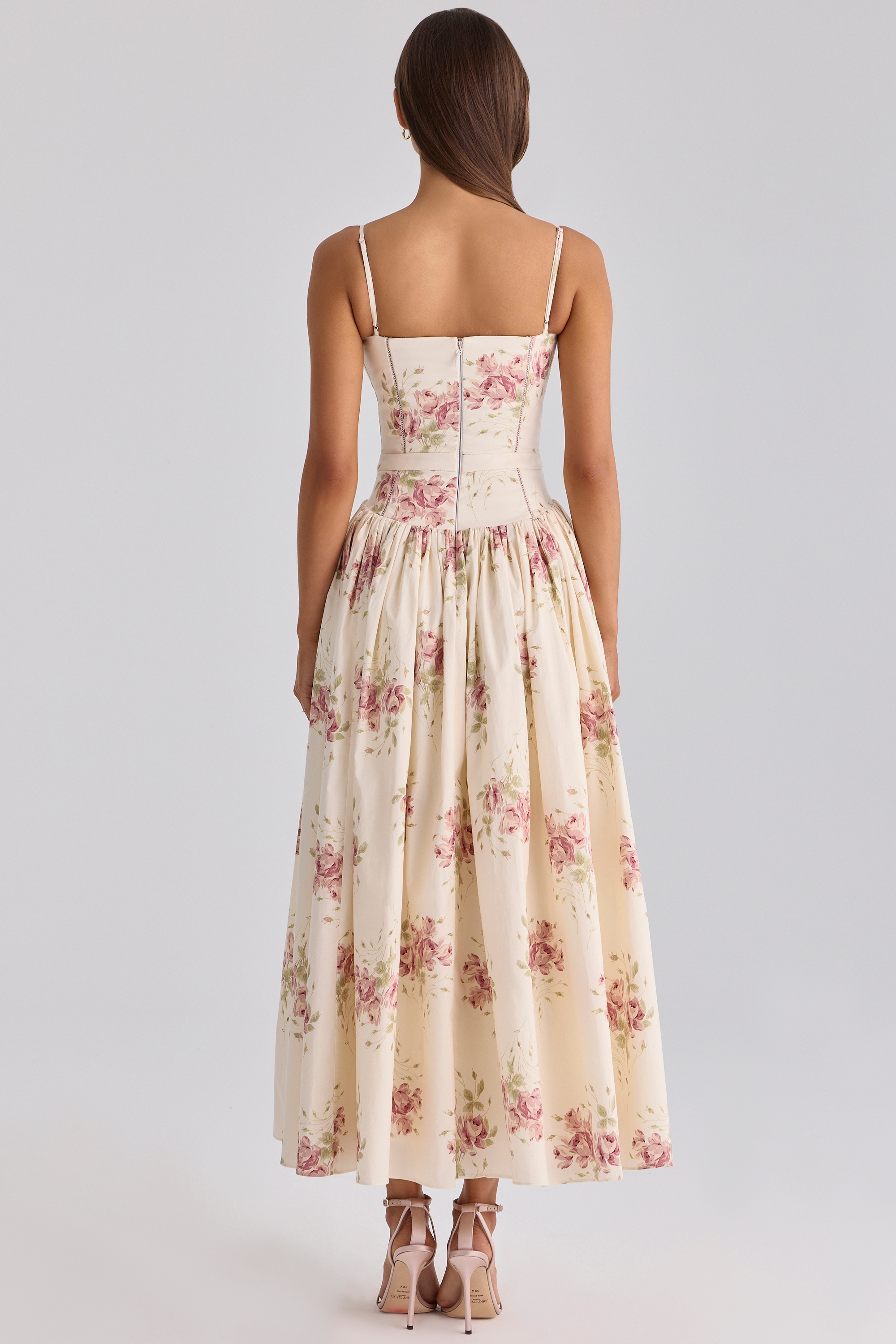 ivory vintage rose print cotton midi sundress | House of CB