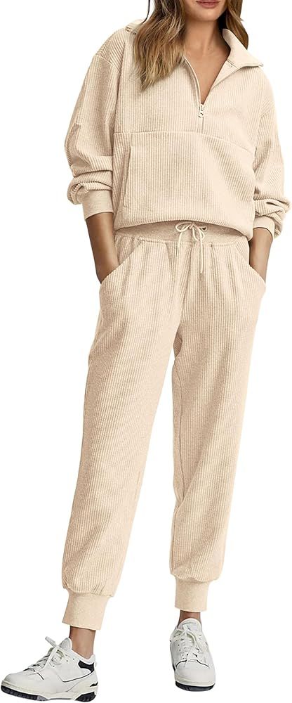 PRETTYGARDEN Womens 2 Piece Sweatsuits Set Long Sleeve Half Zip Pullover Sweatshirt Joggers Sweat... | Amazon (US)