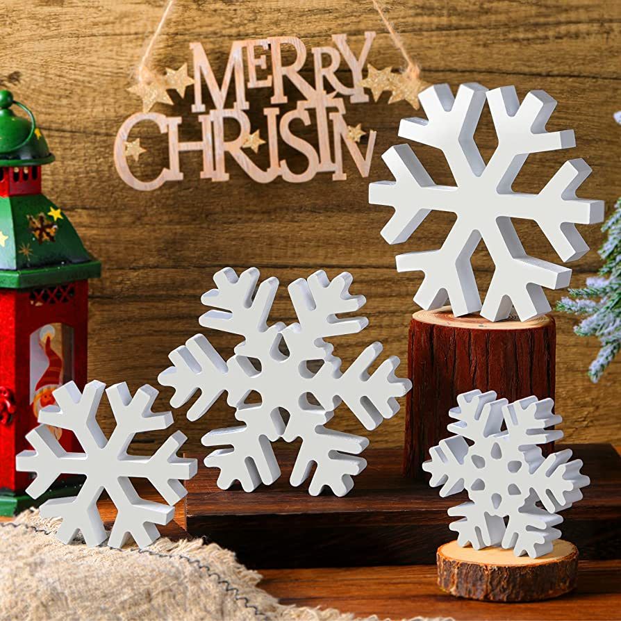 4 Pieces Winter Wooden Snowflakes Decor Christmas Snowflake Signs Tabletop Decorations Winter Wooden | Amazon (US)