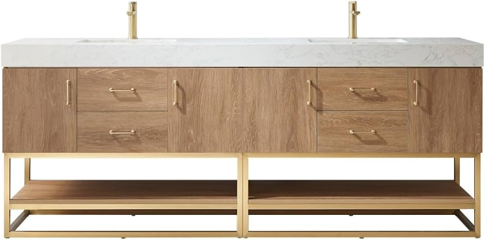 84 in. Alistair Double Sink Bathroom Vanity North American Oak with White Grain Stone Countertop | Amazon (US)