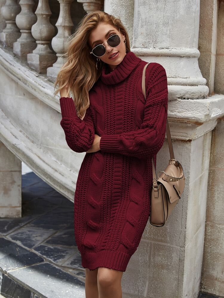 High Neck Cable Knit Sweater Dress | SHEIN