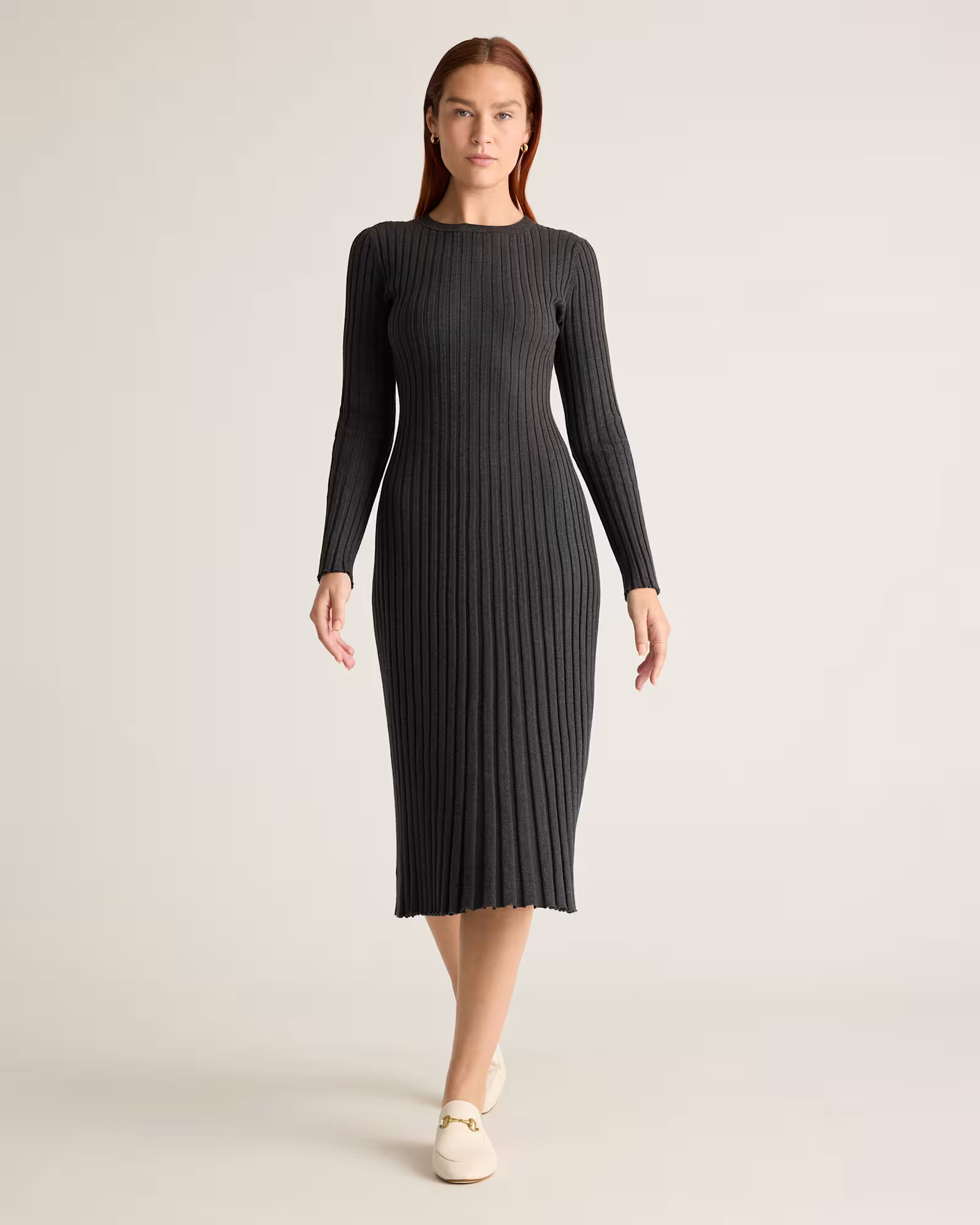 Cotton Cashmere Ribbed Long Sleeve Crew Midi Dress | Quince