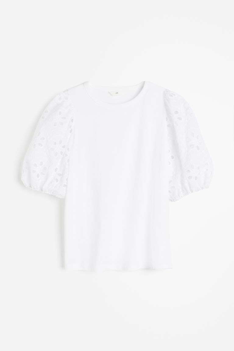 H & M - Top with Eyelet Embroidered Sleeves - White | H&M (US + CA)