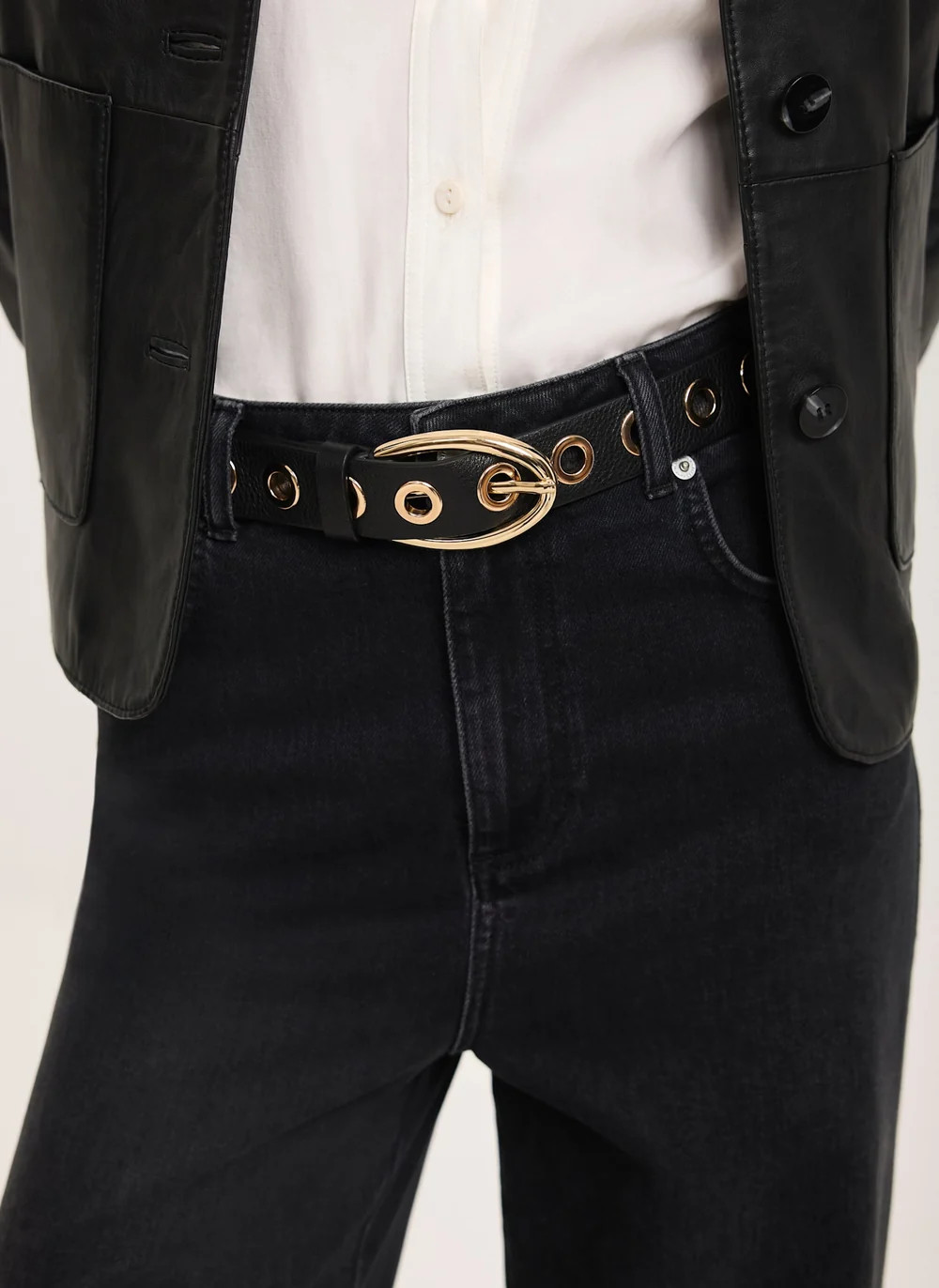 Black Leather Silver Tone Eyelet Belt | Mint Velvet