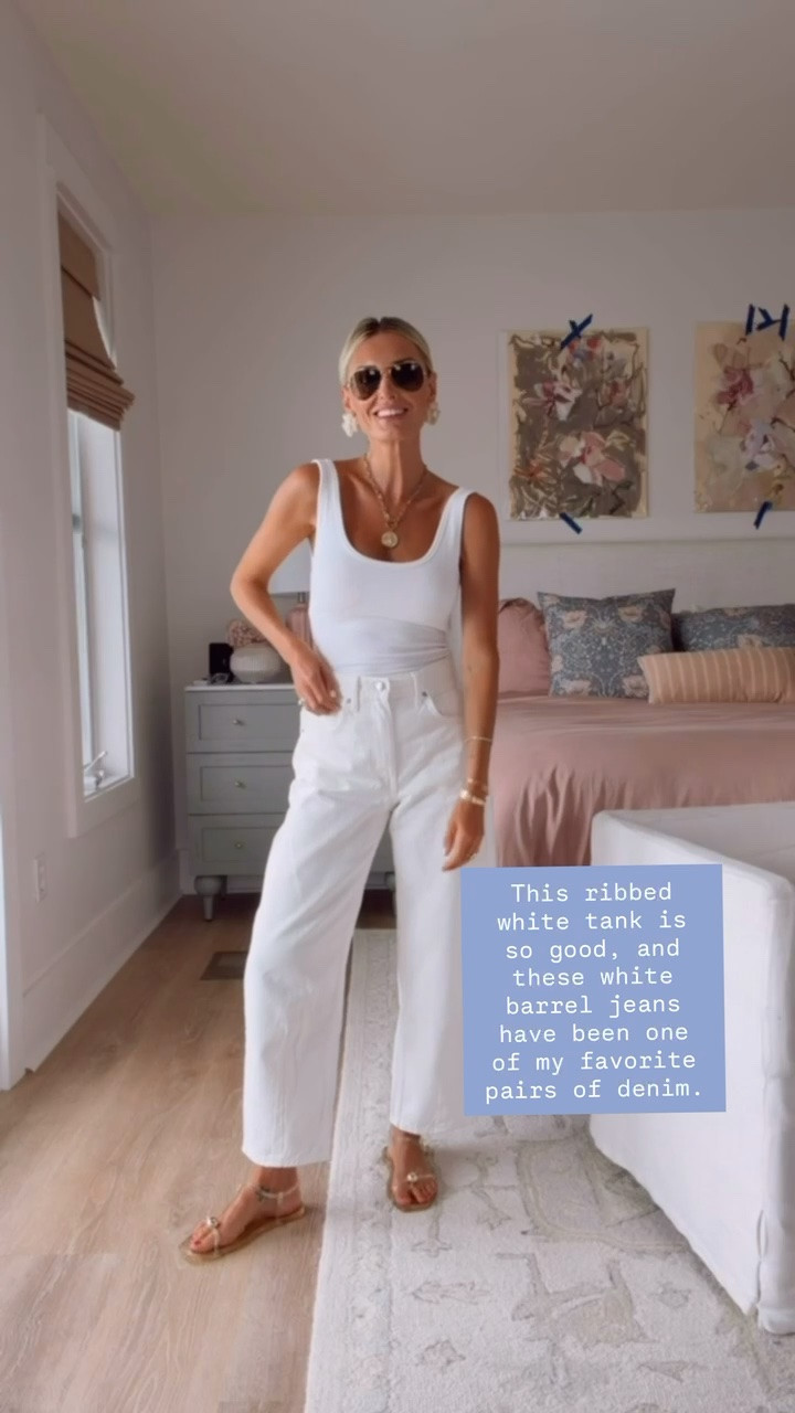 A classic white on white moment! 👏🏼 This outfit is made from staple pieces you can wear all summer long! This gives you a blank canvas also to do whatever you want with your accessories! Wearing S/4! Loverly Grey, Target, white jeans, barrel jeans, ribbed tank, white tank, summer staples, summer outfit

#LTKootd #LTKSeasonal