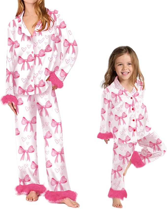 Mommy and Me Matching Outfits Mom Daughter Bow Print Feather Trim Shirt Pants Pjs Set 2 Piece Jem... | Amazon (US)