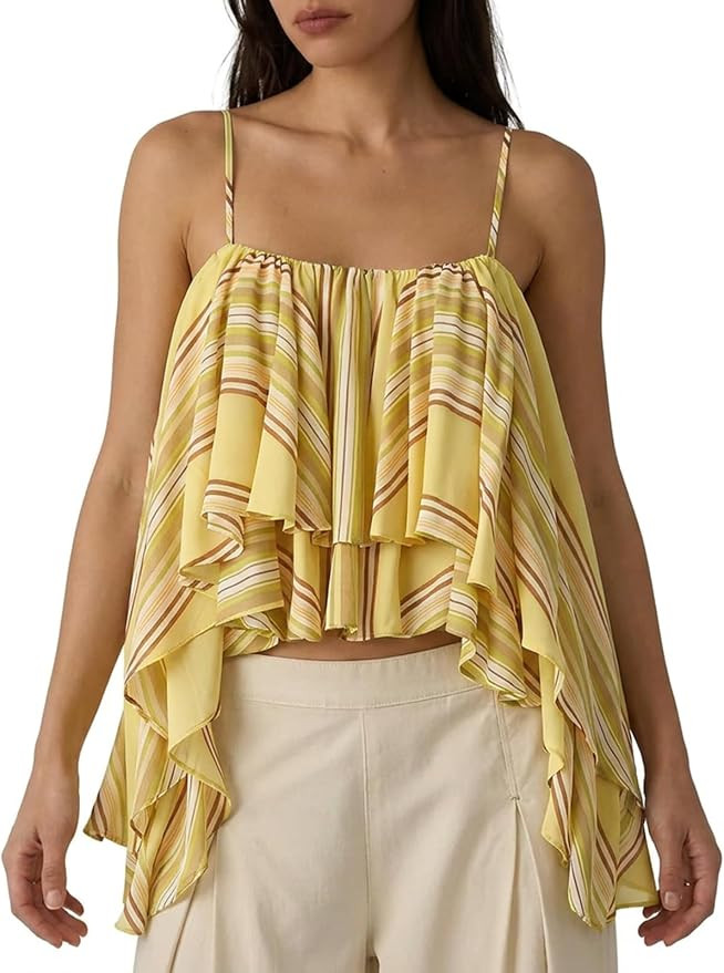 Women Boho Striped Ruffled Cami Top Layered Spaghetti Strap Babydoll Tank Sleeveless Printed Cami... | Amazon (US)