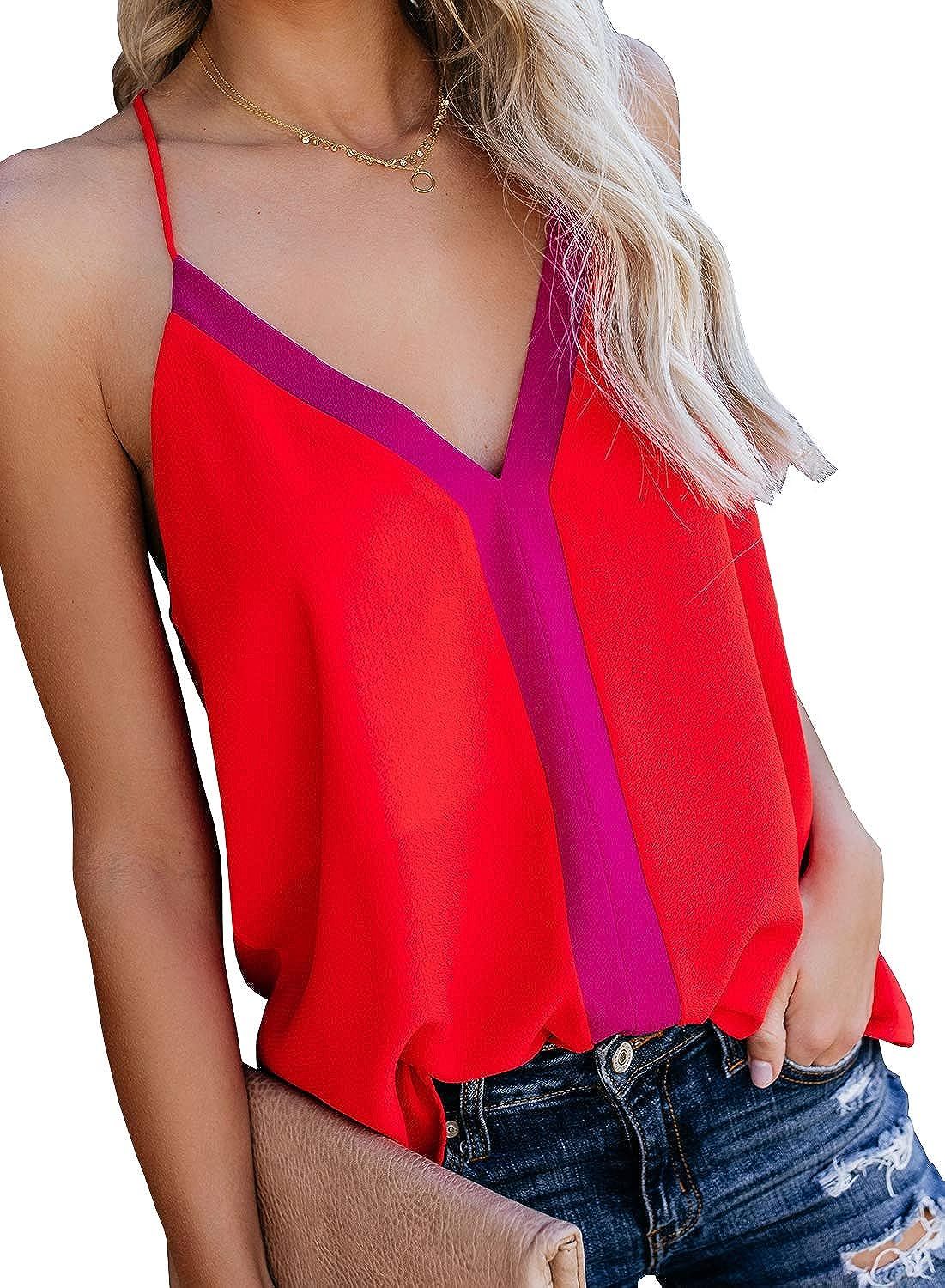 FaroDor Women's Summer Casual V Neck Sleeveless Shirt Blouses Strappy Cami Tank | Amazon (US)