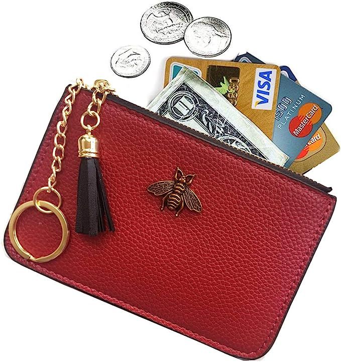 AnnabelZ Women's Coin Purse Change Wallet Pouch Leather Card Holder with Key Chain Tassel Zip (Re... | Amazon (US)