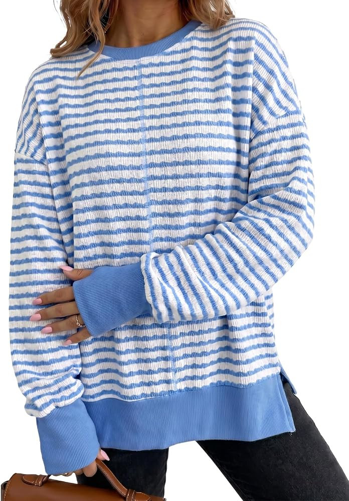 Dokotoo Womens Striped Side Slit Sweatshirt 2026 Fall Pullover Tops Shirts | Amazon (US)