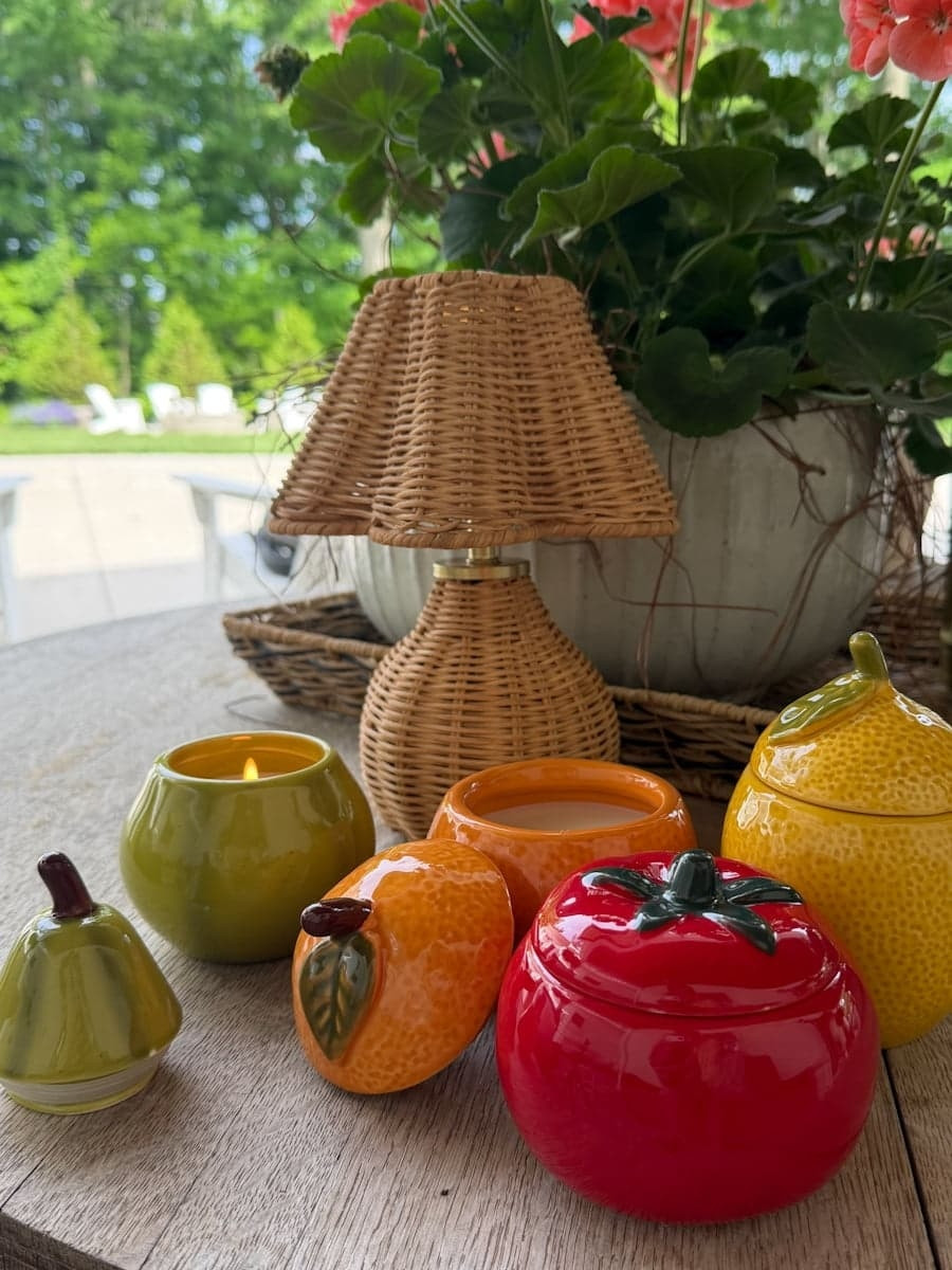 How charming are these fruit inspired candles from Walmart for your Summer decor! I added a rattan rechargeable lamp for a little added texture.  

 #LTKSeasonal #LTKHome