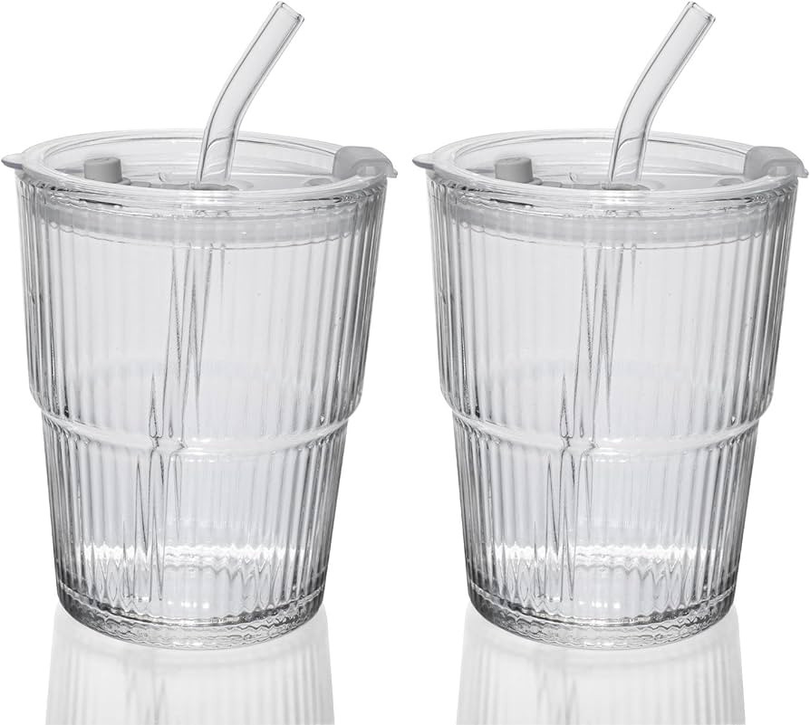 13OZ/400ML Ice Coffee Glass Tumbler, Thick Wall Water Glass Cup Mug Tea with Straw and Lid Sealed... | Amazon (US)