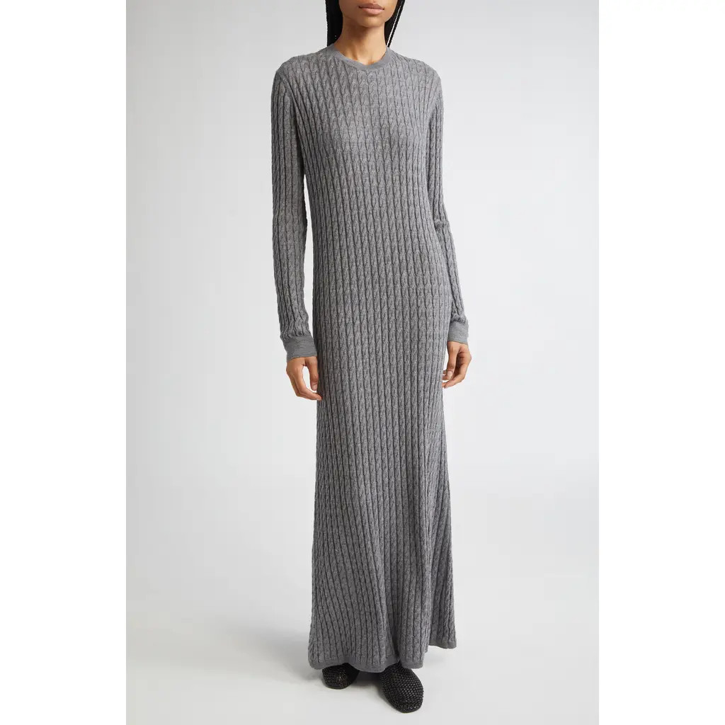 TOTEME Long Sleeve Cable Knit Wool Merino Wool Sweater Dress in Grey Melange at Nordstrom, Size Large | Nordstrom