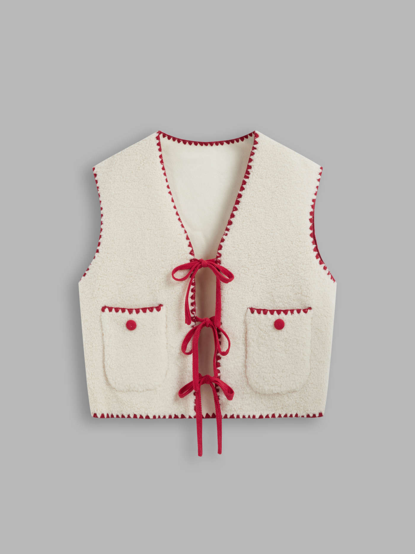 Fleece V-neck Tie Front Bowknot Contrasting Binding Jacket Vest | Cider