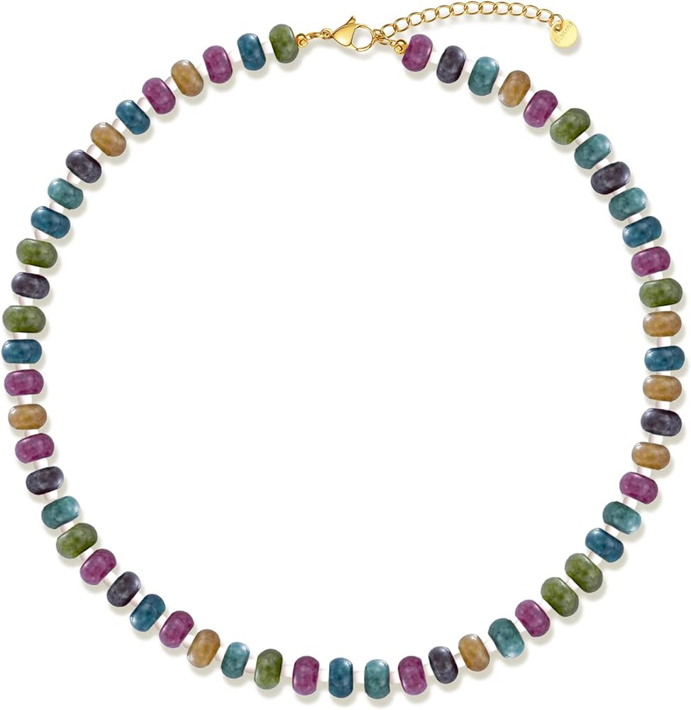 Beaded Gemstone Necklaces for Women, Boho Colorful Bead Choker Necklace, Natural Stone Summer Jew... | Amazon (US)