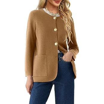 Langwyqu Womens Crew Neck Cardigan Sweaters Blazer Long Sleeve Knit Jacket | Amazon (US)