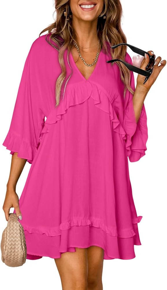 Dokotoo Womens 2023 Summer Ruffle Short Sleeve Sundress V Neck Tunic Dress Casual Loose Flowy Swi... | Amazon (US)