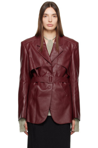 Burgundy Belted Faux-Leather Blazer | SSENSE