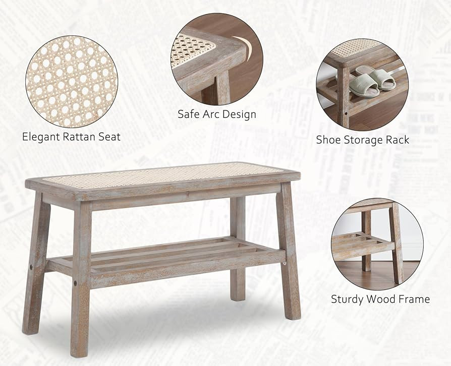 Rattan Entryway Bench with Shoe Rack Natural Wood Storage Bench Indoor Wicker 30 Inches Small Ben... | Amazon (US)