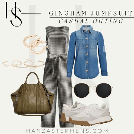 Nothing screams “casual” to me quite like denim and an oversized tote. The white sneakers and the simple jewelry pull the outfit together, making it complete without hassle. I love how all of these staples complement the Capri gingham jumpsuit so well  