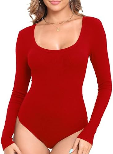 Roselux Womens Scoop Neck Long Sleeve Ribbed Knit Bodysuits Stretchy Basic T Shirt Body Suit Tops | Amazon (US)