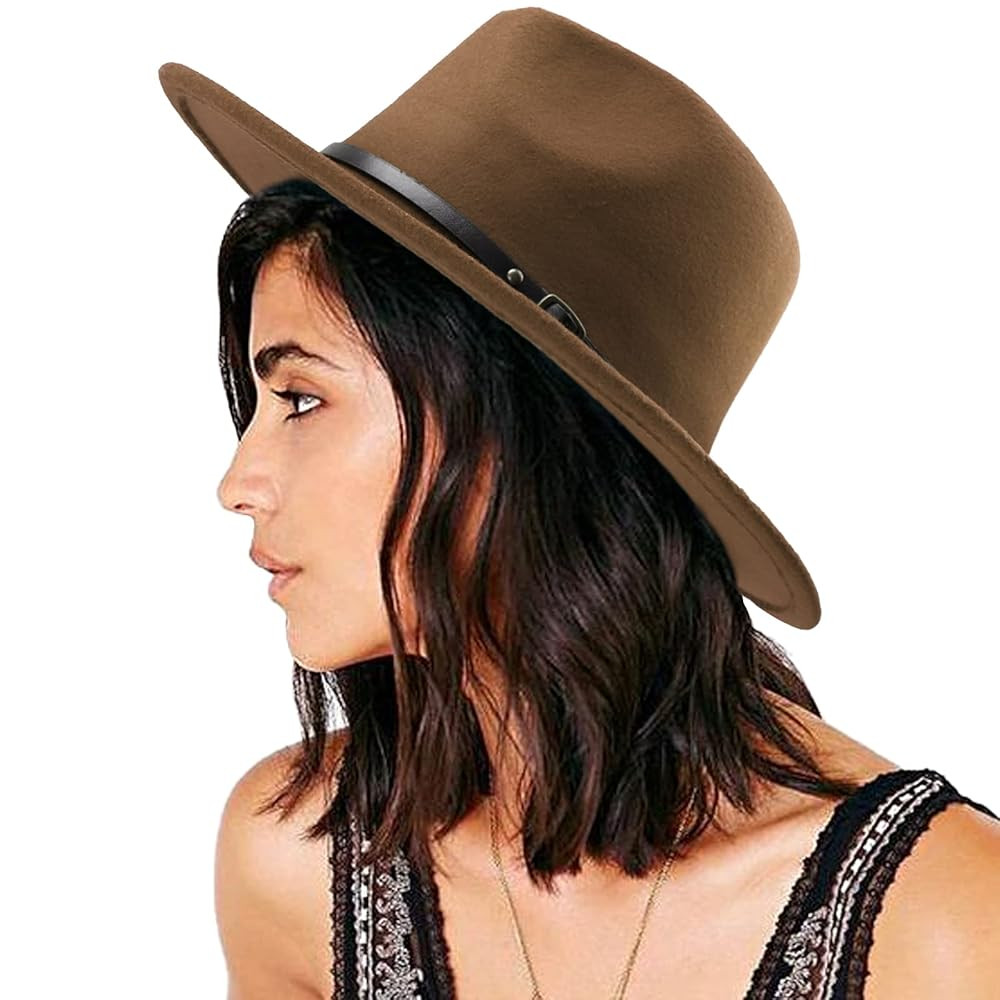 DRESHOW Women Classic Felt Fedora Wide Brim Floppy with Belt Buckle Panama Hat | Amazon (US)