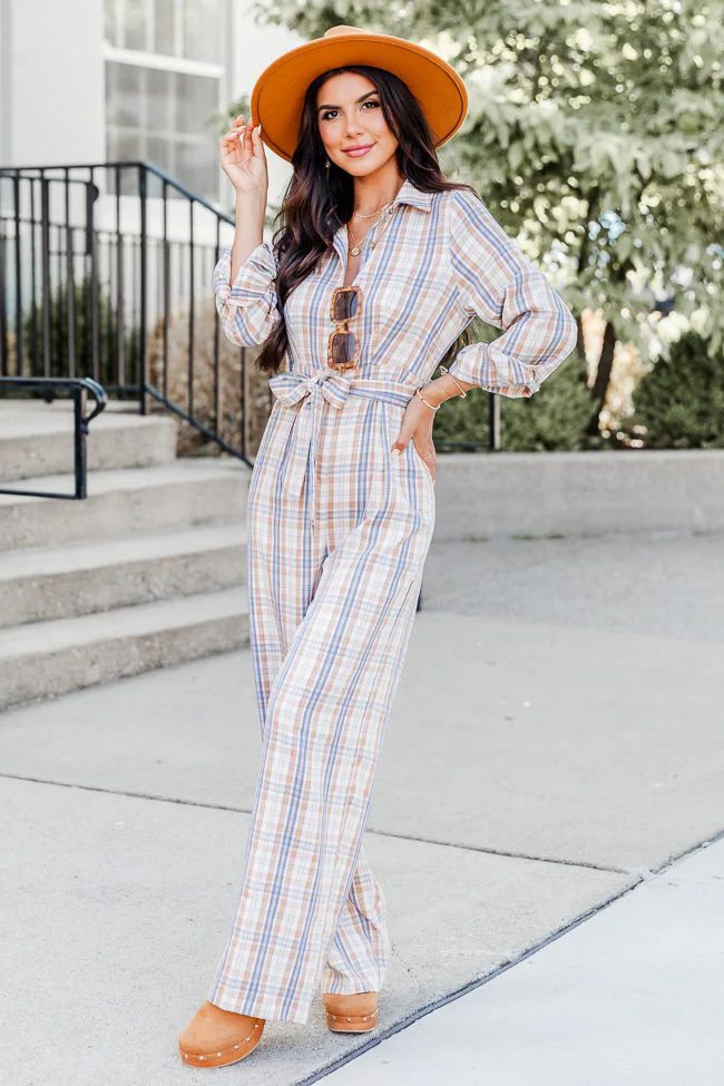 I'm Telling You Beige Plaid Long Sleeve Belted Jumpsuit | Pink Lily