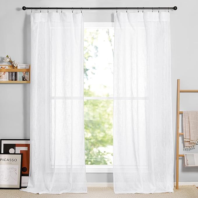 RYB HOME White Sheer Curtains - Semi Sheer Linen Curtains Light Glare Filtering Airy Breezy Priva... | Amazon (US)