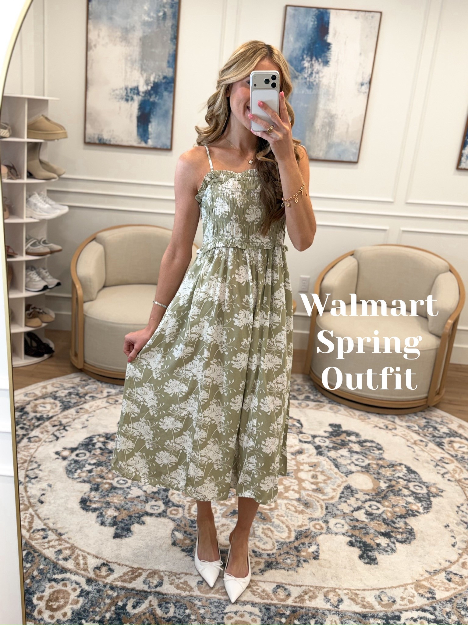 This sage green floral smocked midi dress from Walmart is a spring wardrobe must — smocked bodice, ruffle neckline, spaghetti straps, and gorgeous sage and white floral print. Perfect for wedding season or any occasion worth dressing up for. Paired with white pointed toe pumps. 

#LTKSeasonal #LTKootd #LTKTall