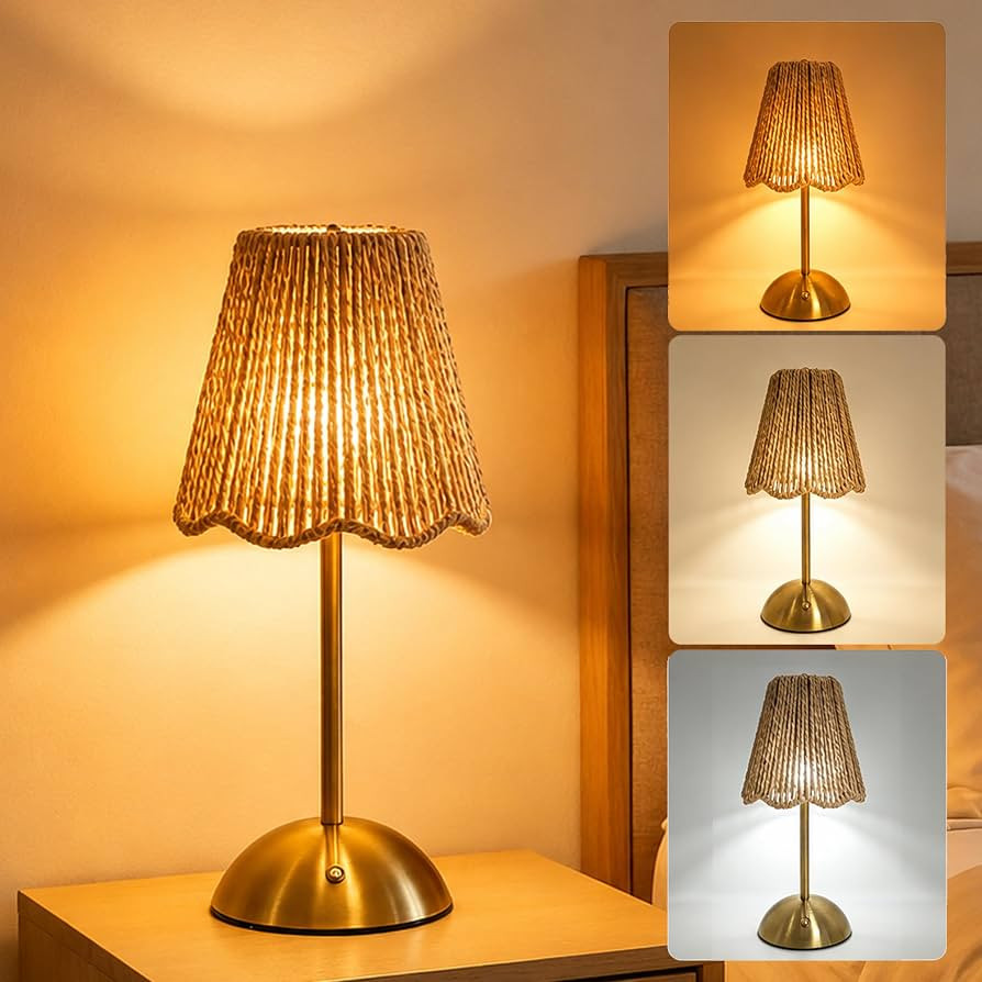 Boho Rattan Table Lamp,Rechargeable Led Desk Lamp,Small Wicker Lamp with 3 Color Dimmable & Touch... | Amazon (US)