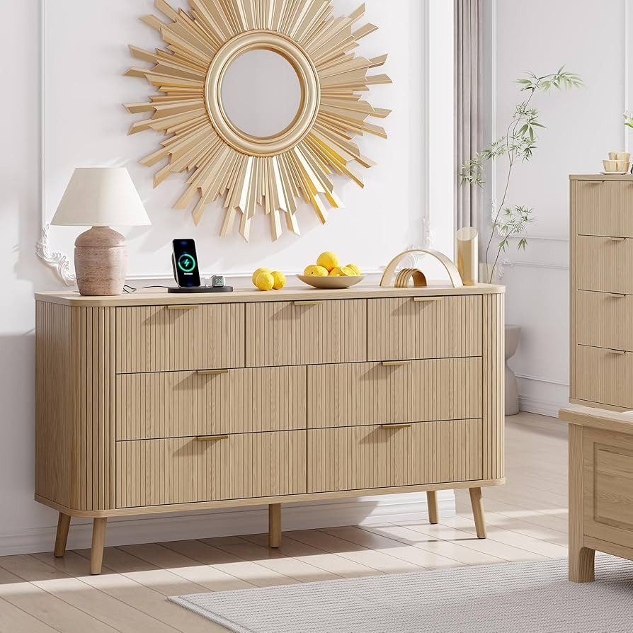 Alohappy Fluted 7 Drawer Dresser with Charging Station, 57" Wide Modern Chest of Drawers Mid Cent... | Amazon (US)